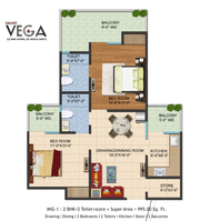 Galaxy Vega 2 BHK + 2 Toilet + store super area 995 sqft